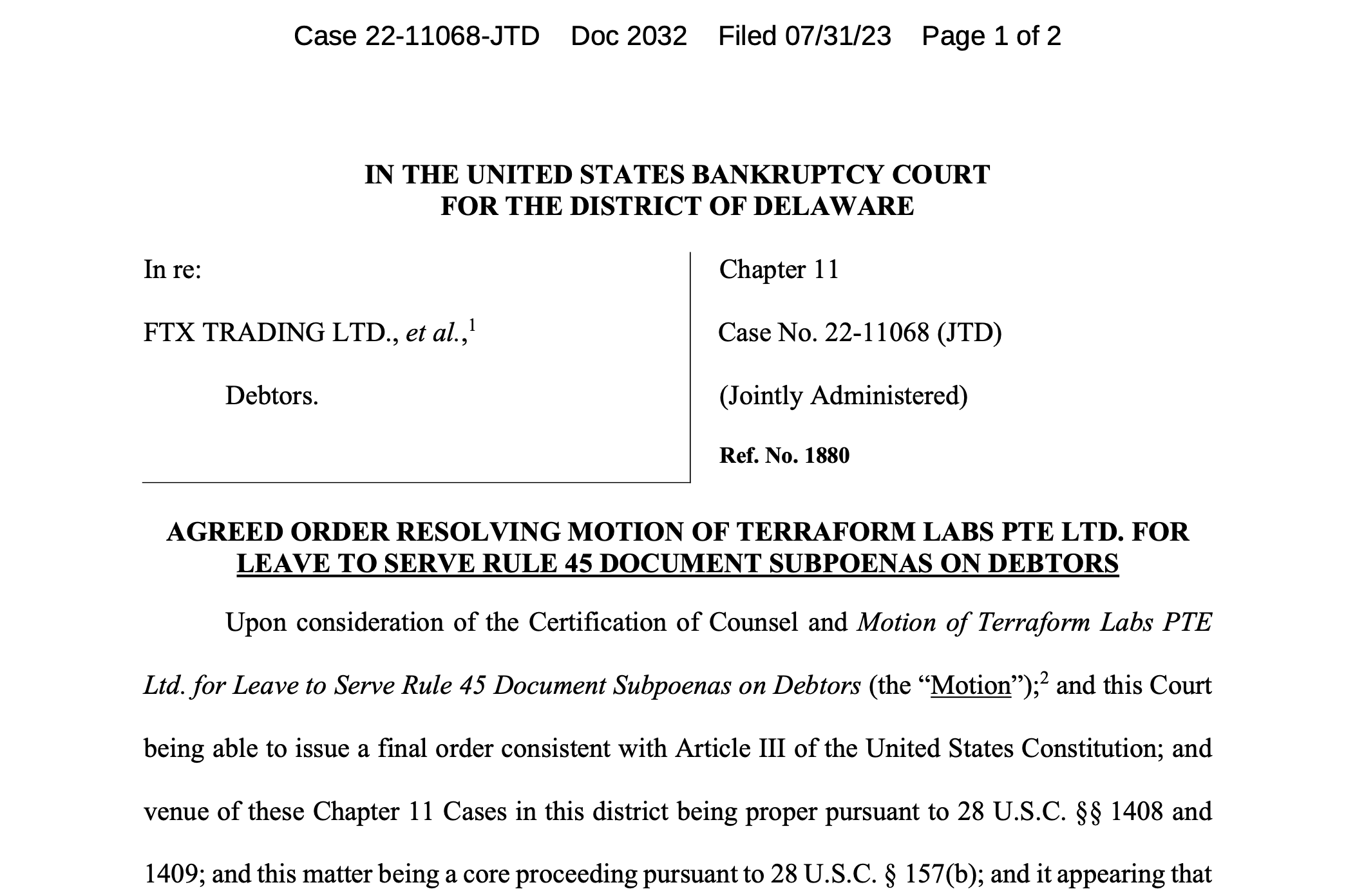 Bankruptcy judge signs off on order allowing Terraform Labs to subpoena FTX entities