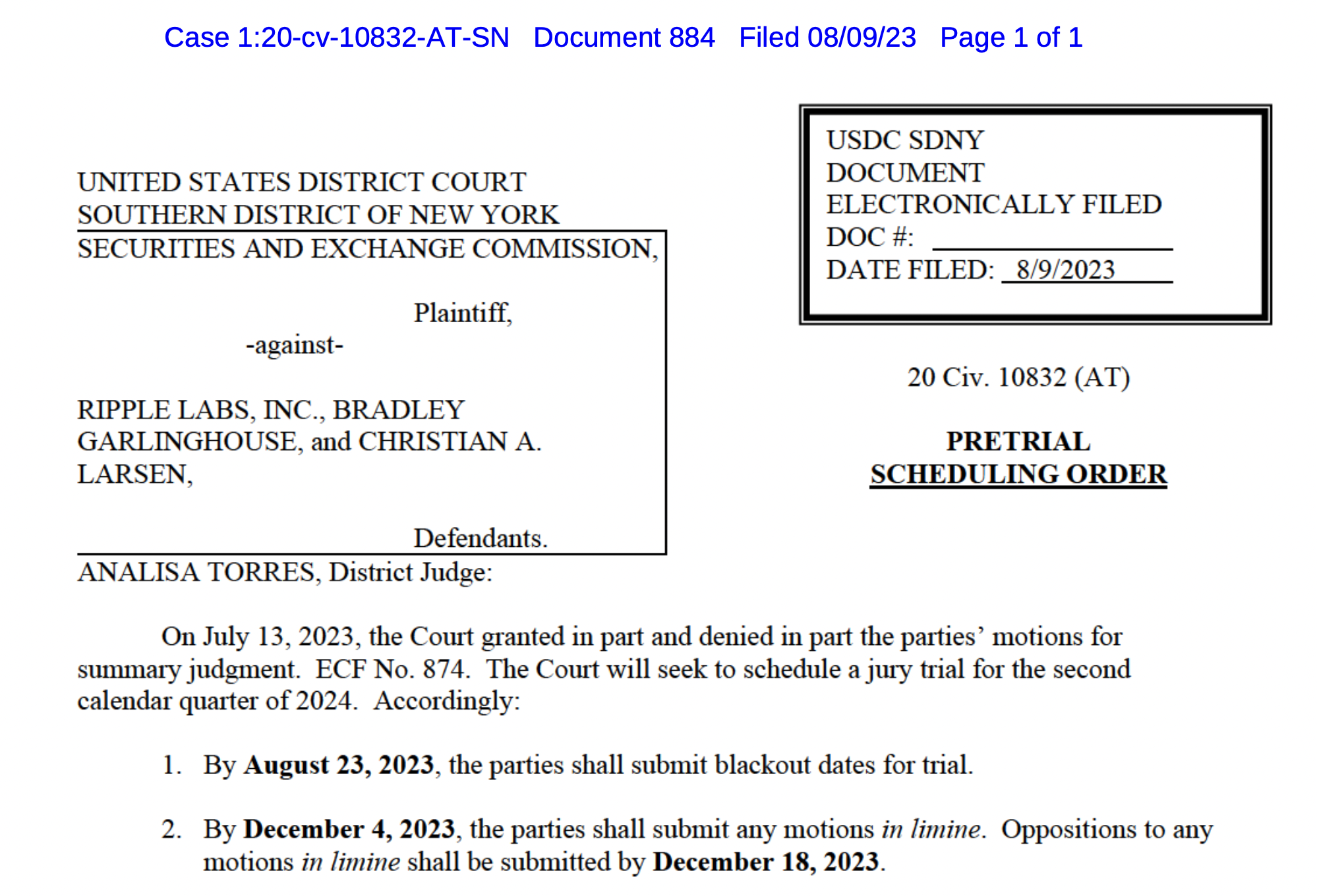 Federal judge suggests Q2 2024 trial for SEC case against Ripple execs