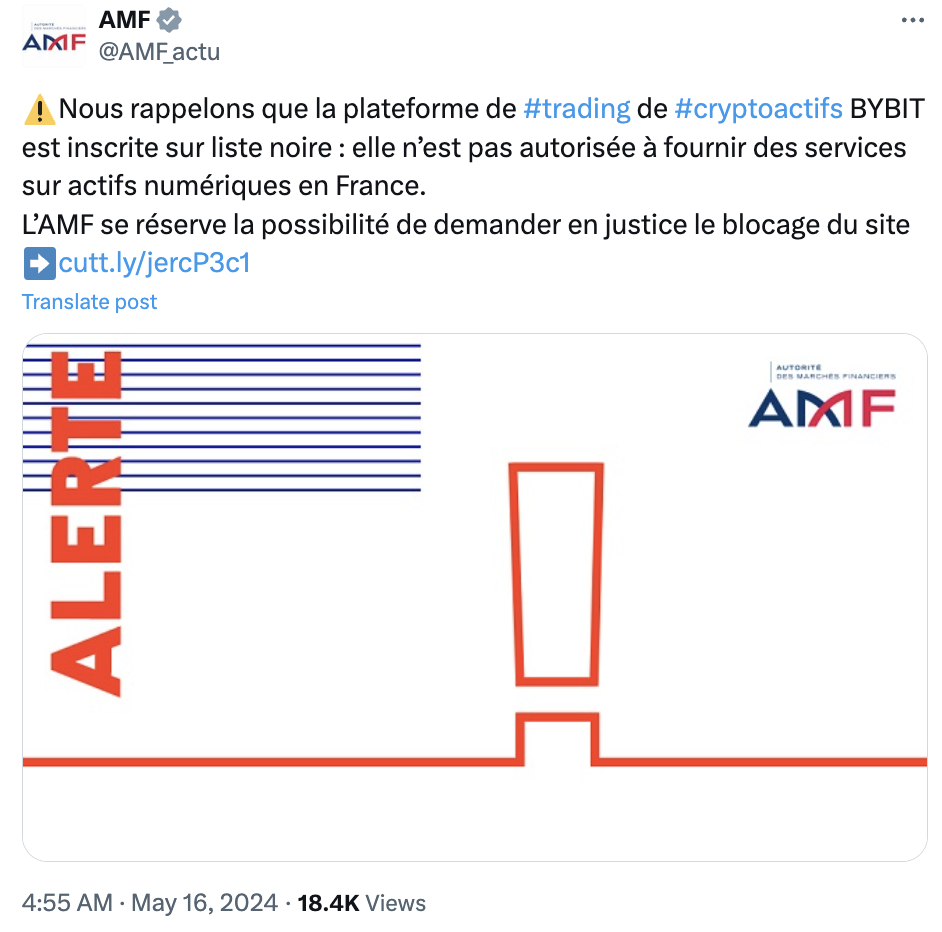 French regulator warns investors Bybit provided services ‘illegally’