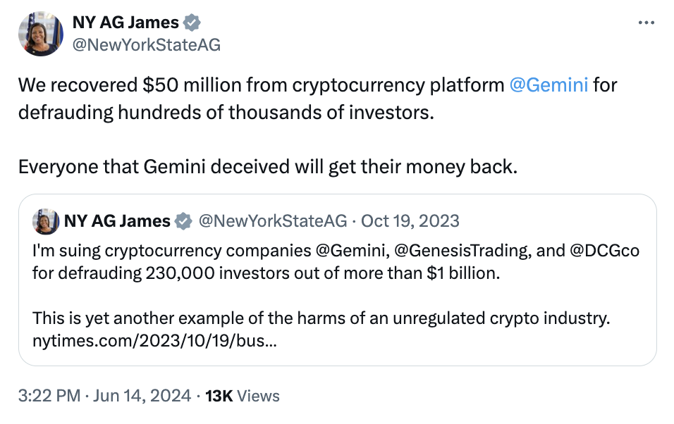 Gemini reaches $50M settlement with New York AG over Earn program