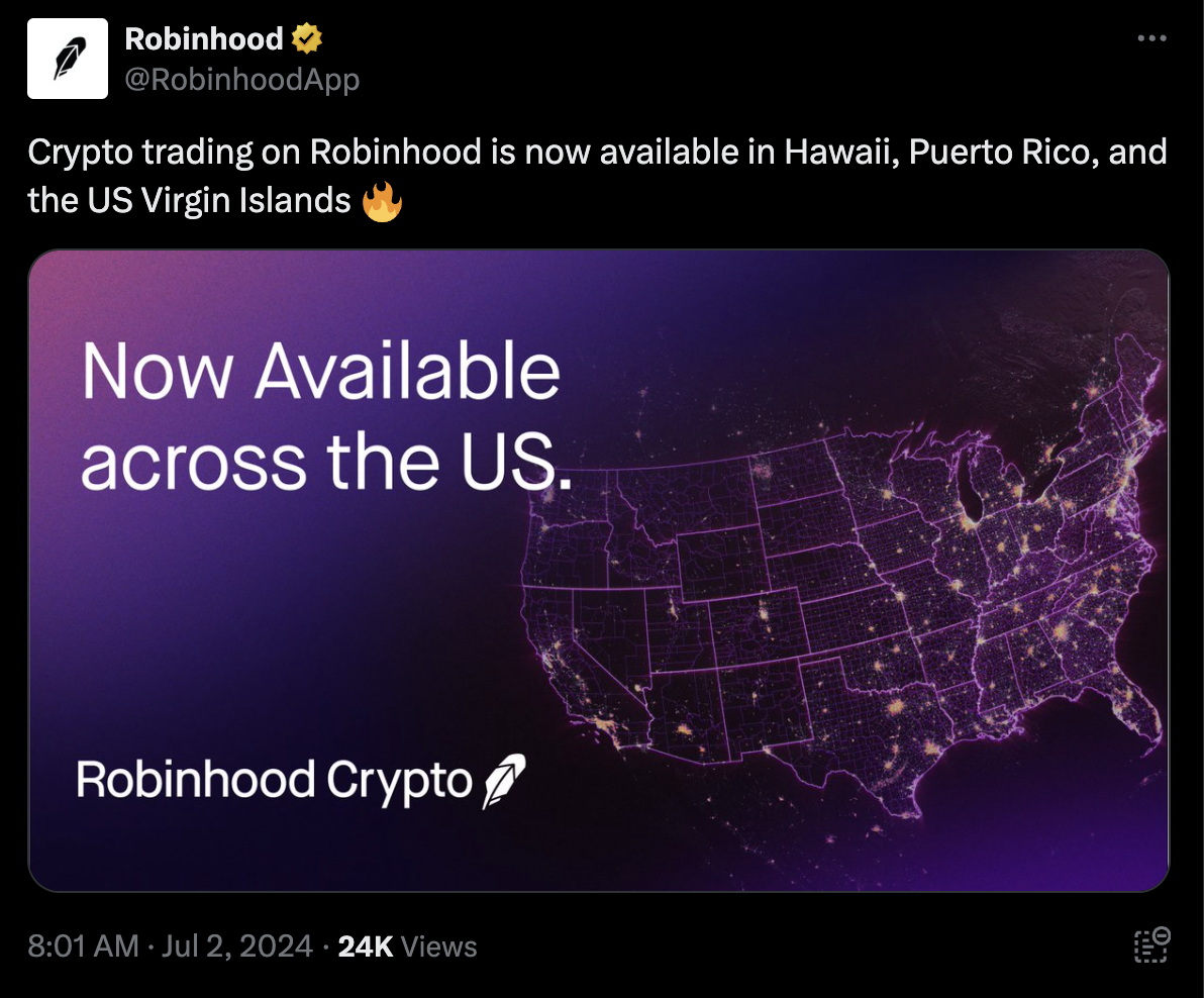 Robinhood Crypto is now available in Hawaii and select US territories