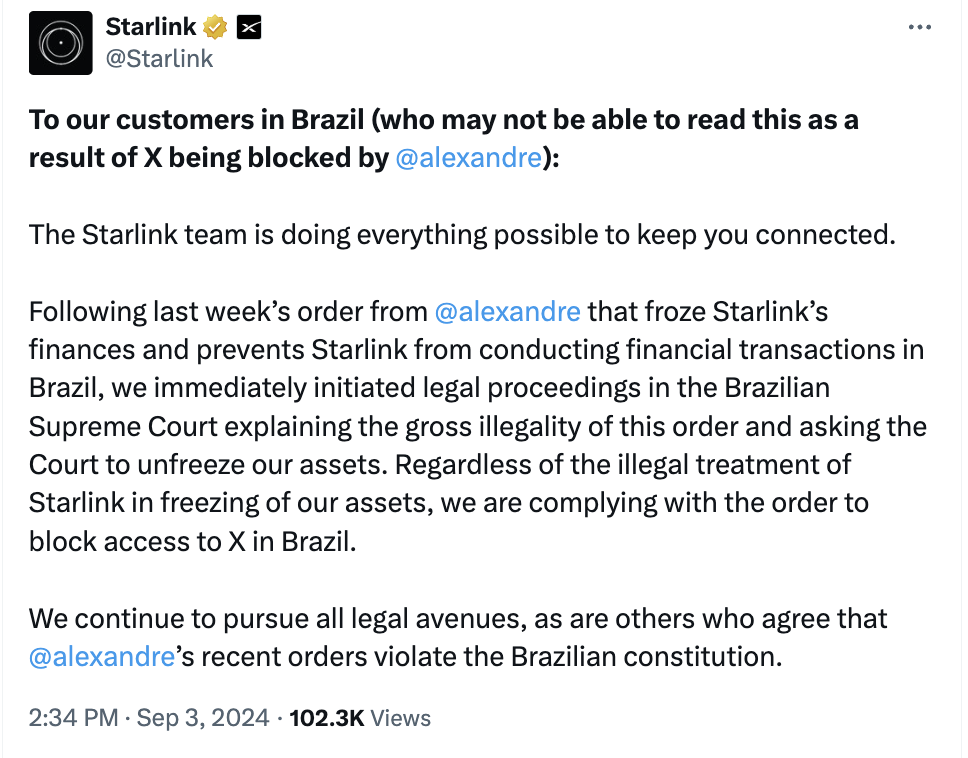 Starlink confirms it will block access to X in Brazil