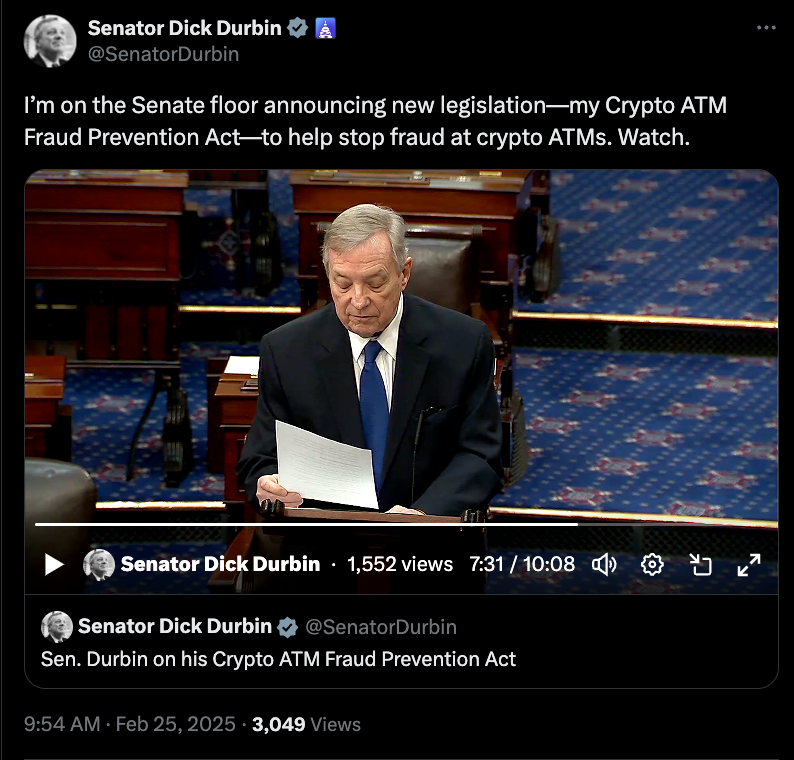 US Senator introduces bill to stop crypto ATM fraud